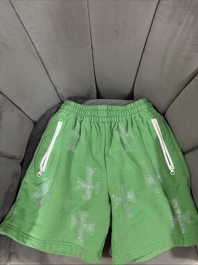 Unknown London XS Rhinestone Signature High-Waist Green Embellished Cross Shorts